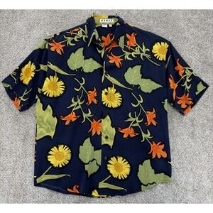 Vintag Kikit Maurice Sasson Silk Shirt Mens M Navy Floral Button Up Short Sleeve